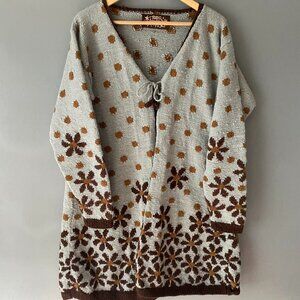 TARA HANDKNITS Handspun Womens Long Open Cardigan Blue Daisy Wool XL Cottagecore